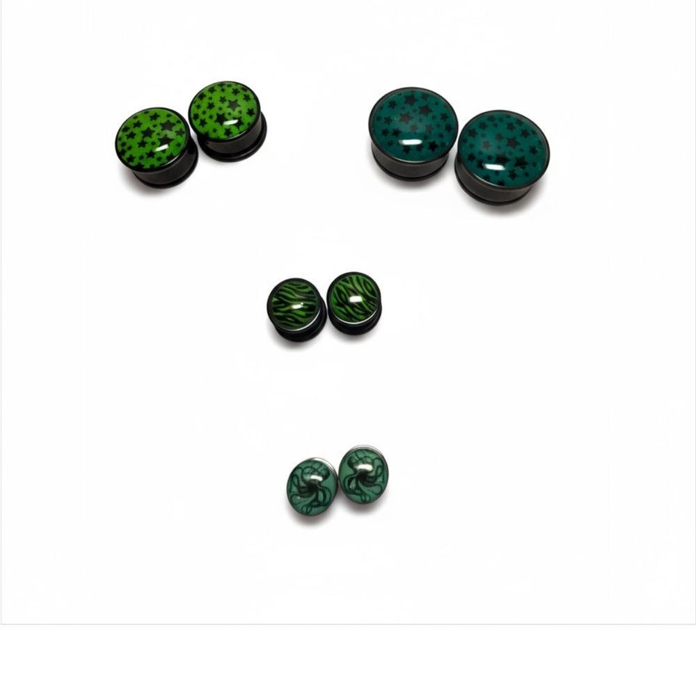 Lot of 4 Pairs Plugs Gauges + Octopus Earrings Green Star Zebra Print Body
